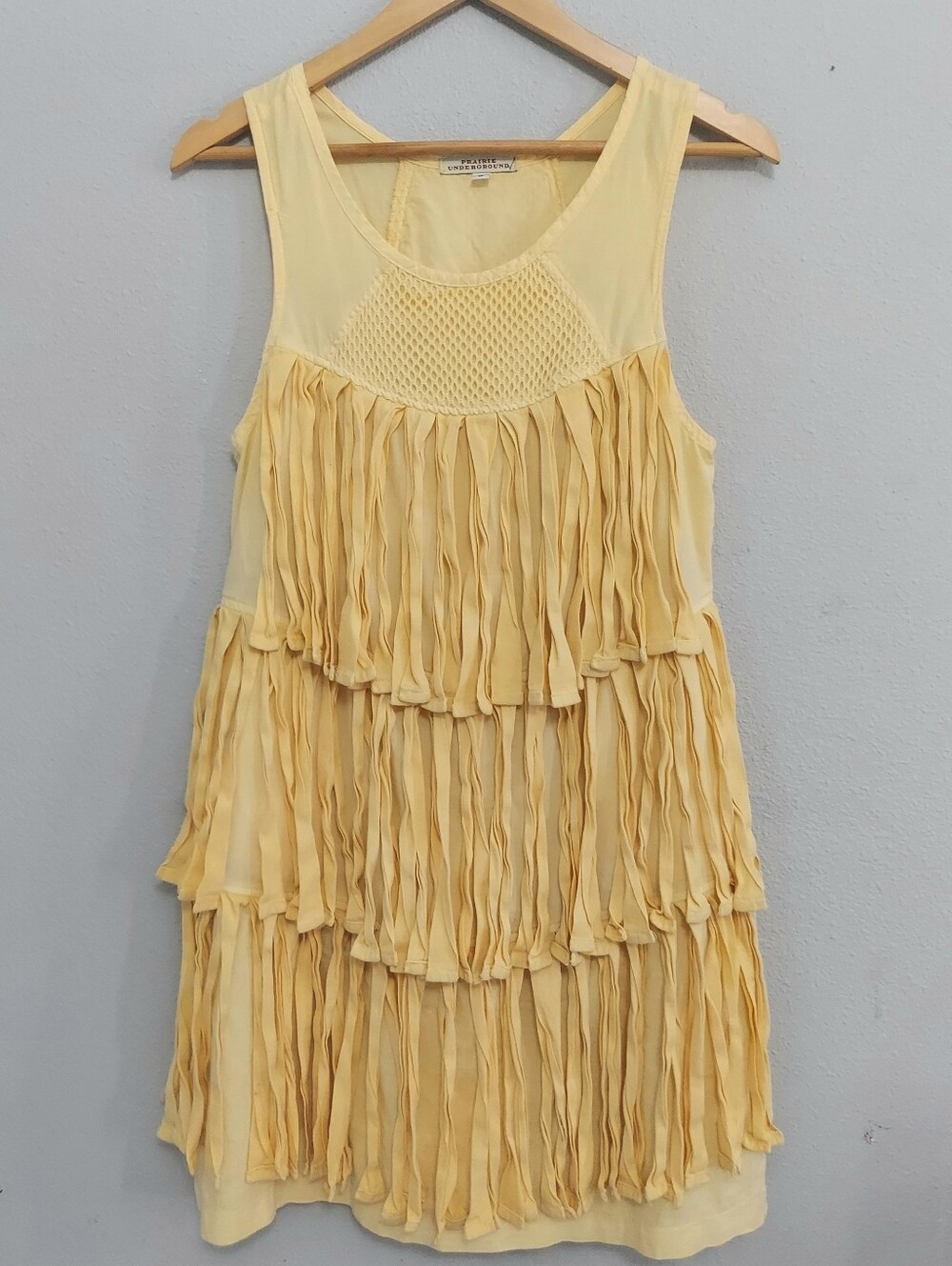 Prairie Undergound Tiered Fringe Yellow Mini Dress Small Boho Prairie Chic